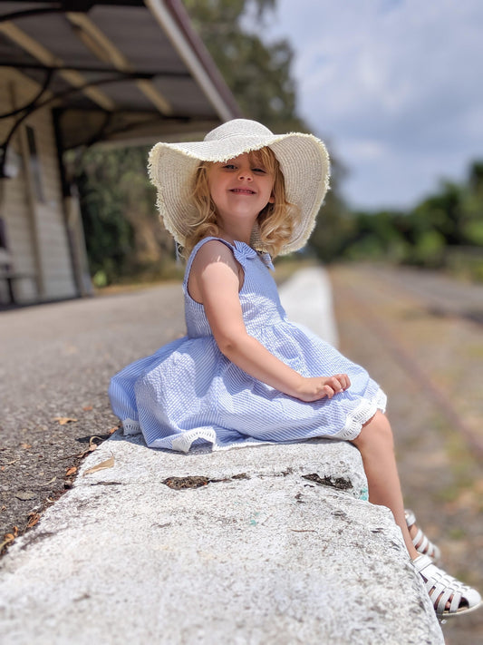 Sky Blue Striped Lace-Trimmed Dress